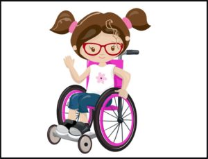 Animated character named Lila who is young child in a pink wheelchair. Created by Brend